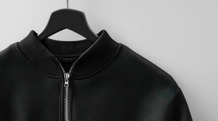 A sleek black jacket with a metallic zipper hangs on a contrasting hanger, showcasing contemporary fashion and minimalist style in a subtle, elegant setting.