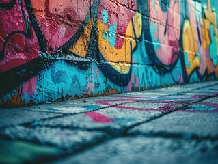 Fototapeta premium Concrete walls adorned with graffiti art, vibrant and rebellious, Urban, Bright hues, Photograph, Urban expression