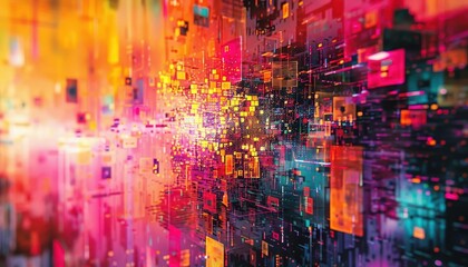 Obraz premium Data glitch art with digital errors, chaotic and colorful, Digital, Bright hues, Illustration, Technological breakdown