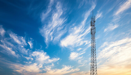 A tall communication tower stands against a backdrop of blue sky and wispy clouds, symbolizing connectivity and technology.