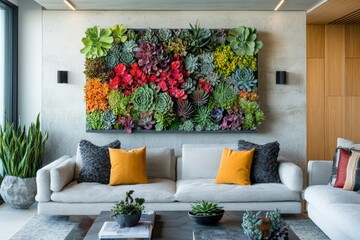 A vibrant, colorful succulent wall art piece takes center stage above a modern gray sofa, accented with bold, orange pillows, creating a lively, artistic living space.