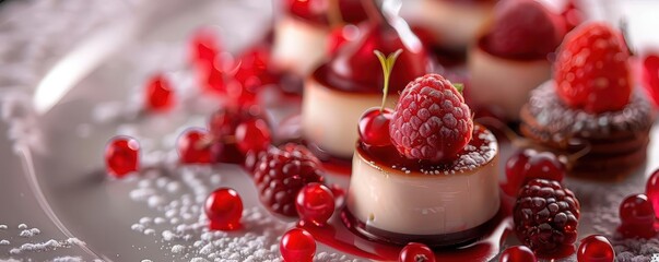 Decadent desserts with intricate decorations, artistic and delicious, Culinary, Bright hues, Photograph, Sweet indulgence