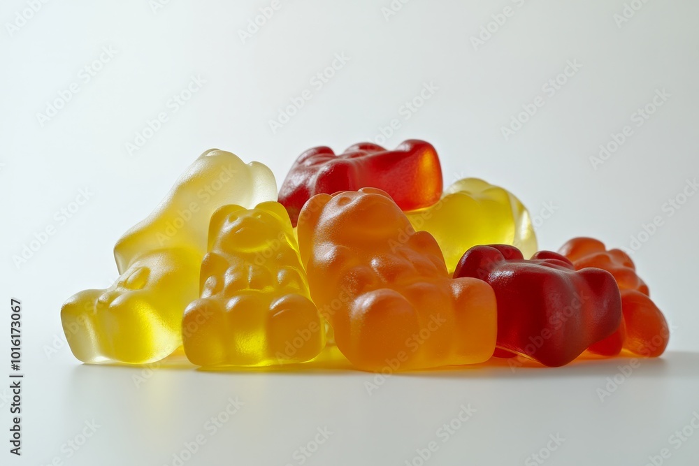 Poster an array of various gummy bears in vivid colors, capturing their texture and bright hues, perfect fo