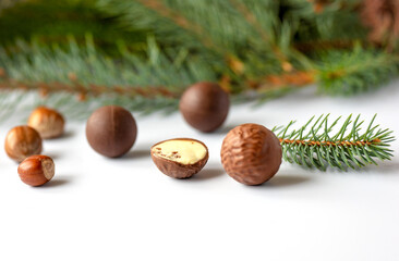 chocolate truffles on a white christmas background