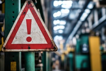 A rusty triangular caution sign with a red exclamation mark is prominently displayed in a bustling factory setting, capturing a sense of industrial urgency and warning.