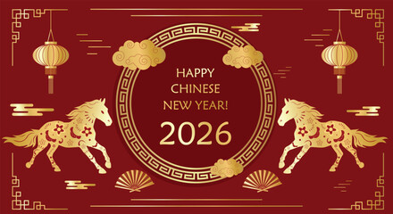 Chinese luxury traditional pattern golden round frame with horses, Chinese gold fan, asian ornaments and lanterns red background. Greeting vector card template. Lunar New Year 2026