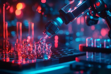 A high-tech robotic arm carefully manages luminescent chess pieces, illustrating the intersection of artificial intelligence and strategic analysis in a vibrant setting.