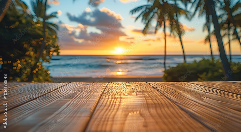 Poster A close-up shot of an empty wooden table, with a clear view of the tropical beach as its backdrop at sunset.