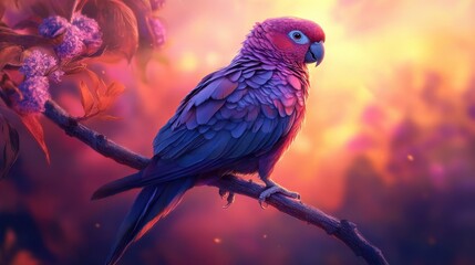A realistic image of a purple parrot perched on a branch, with its vibrant feathers and intricate details captured perfectly.