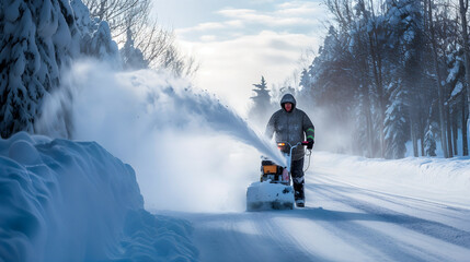 A man removes snow with a snow plow after a heavy snowfall near his house, close-up, blizzard, snow in the lens
