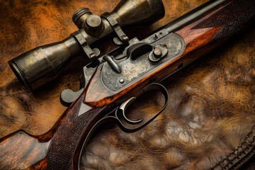 Obraz premium A close-up of a vintage rifle with a scope, resting on a textured leather surface, showcasing craftsmanship and design.