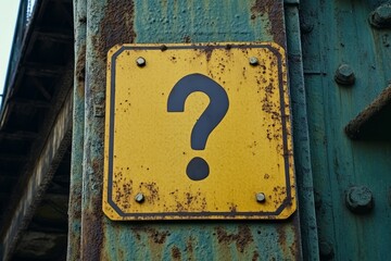 A weathered question mark sign mounted on a rusty surface within an industrial scene, raising questions about purpose amidst machinery and structural elements.