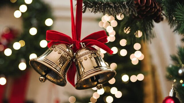 Shiny jingle bells swaying gently from a red ribbon against a festive background closeup