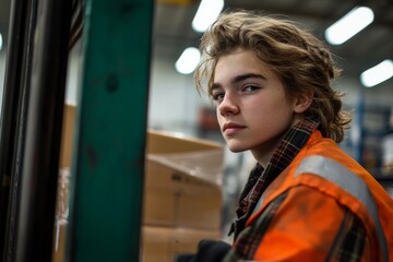 A young male with tousled hair in a vibrant orange safety jacket operating in a warehouse, showcasing energy, determination, and the essence of youthful vigor in the workplace.