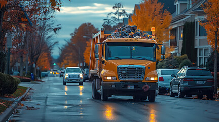 Fototapeta premium A garbage truck traveling down a residential neighborhood road.