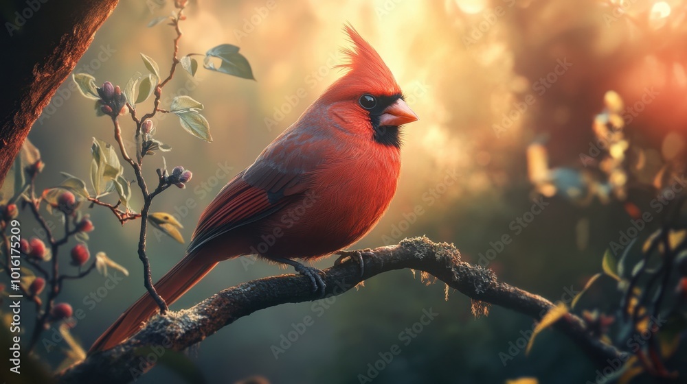 Poster a realistic image of a red cardinal bird perched on a tree branch, with intricate feather details an