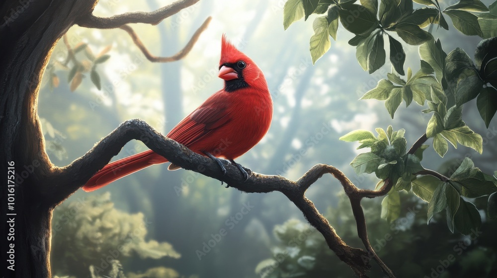 Poster a realistic image of a red cardinal bird perched on a tree branch, with intricate feather details an