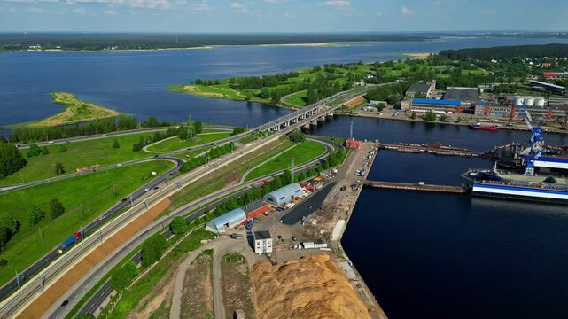 Industrial free port of Riga, Latvia, aerial east coast of the Baltic Sea
