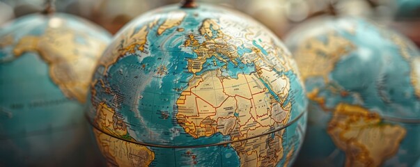 Globe models showcasing the continents and oceans, detailed and informative, Urban, Soft tones, Photograph, World geography