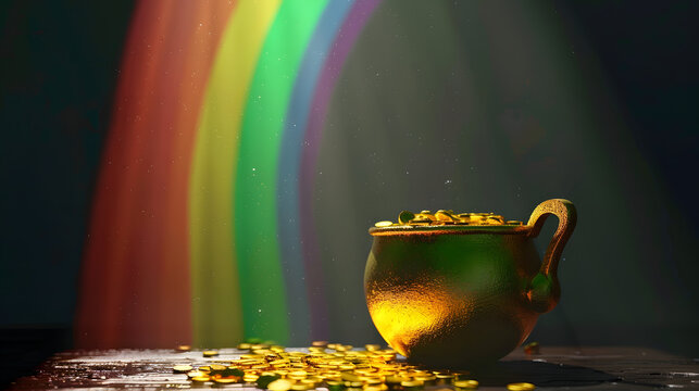 A magical scene of a pot of gold sitting in a grassy field at the end of a rainbow. The sunlight and dewdrops enhance the beauty of this iconic symbol of luck and folklore