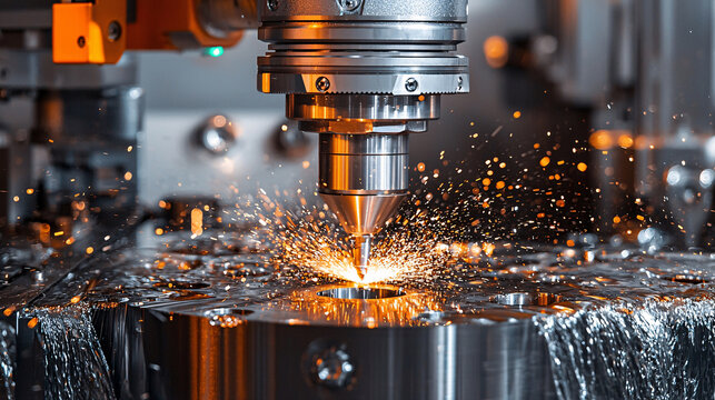 A 5-axis CNC machine in operation at an industrial manufacturing center, showcasing precision metal cutting with an end mill tool. The image highlights advanced technology and programming in modern