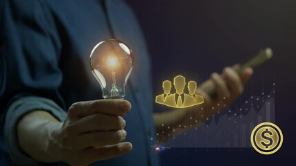 Business concept, an organization or enterprising entity engaged in commercial, industrial, or professional activities. Businessman shows spaceship icon with dollar coins on virtual screen.