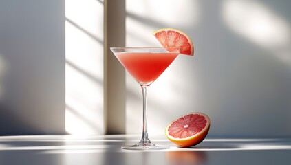 Pink grapefruit gin cocktail, front view. modern minimalist light bright background