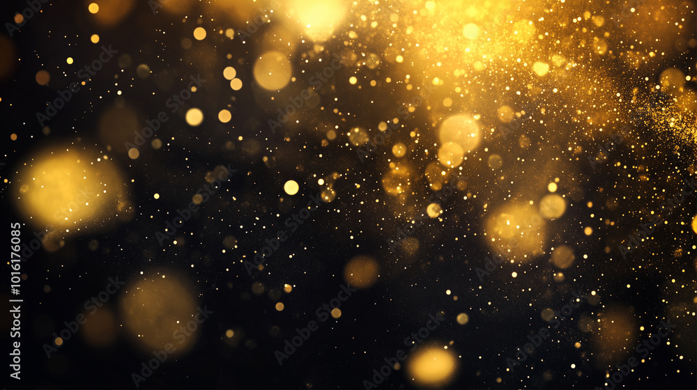 Poster abstract background with golden bokeh and glitters, decorative art with glow and sequins falling. ba