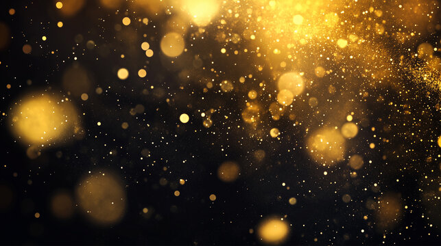 Abstract background with golden bokeh and glitters, decorative art with glow and sequins falling. Banner, wallpaper, luxury award ceremonies and events backdrops.