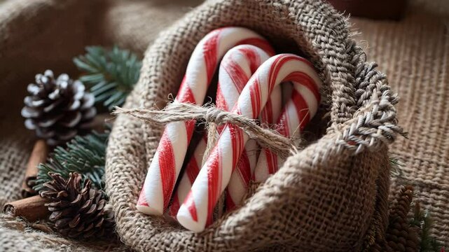 Candy canes wrapped in recycled paper and twine, nestled in a jute sack with pine cones and cinnamon sticks for an eco-friendly Christmas vibe. Candy canes, New Year, Christmas