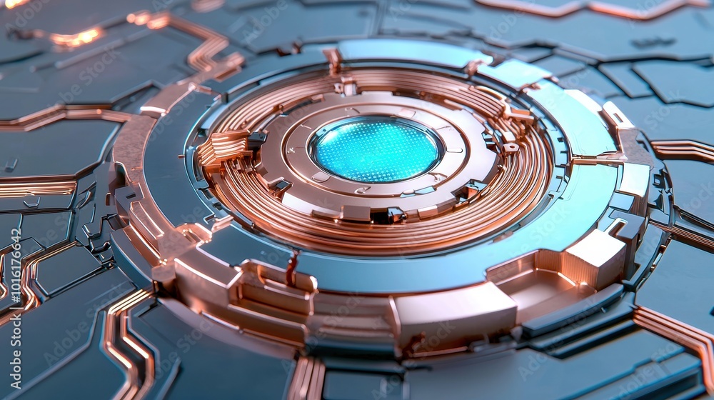 Poster close-up of a futuristic circuit design with blue light in the center. metallic textures create a hi