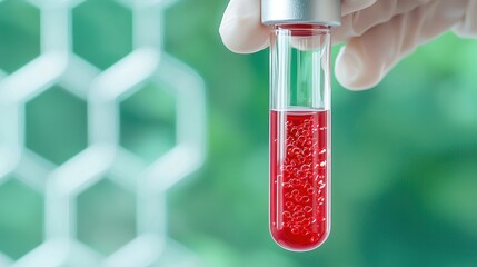 Close-up of a hand holding a test tube filled with bright red liquid, showcasing scientific experimentation in a laboratory setting.