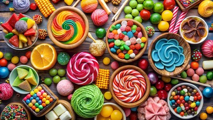 Fototapeta premium Colorful Assortment of Festive Sweets and Candies: Panoramic Overhead View of Confectionery Background
