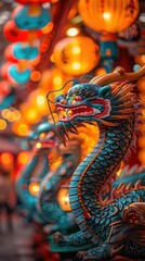 Fototapeta premium Lunar New Year decorations with dragons and lanterns, vibrant and traditional, Urban, Bright hues, Photograph, New Year celebration
