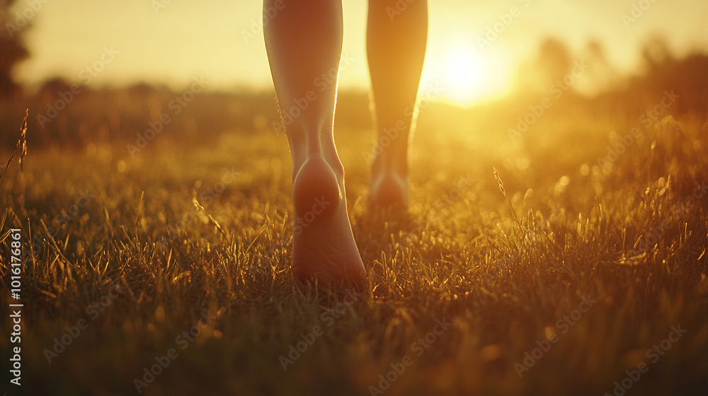 Poster serene view of a woman walking barefoot through a meadow, symbolizing freedom, connection to nature, and tranquility. Her bare feet suggest simplicity, grounding, and a journey toward mindfulness