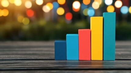 Colorful bar graph representing growth on a wooden table with blurred lights in the background.