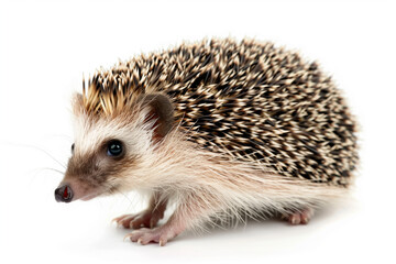 Obraz premium A small brown and white hedgehog with a black nose and black eyes