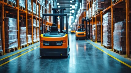 Electric forklift operating in a warehouse filled with stacked pallets and goods.