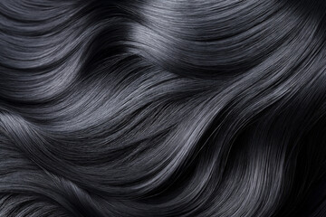 Naklejka premium Close-up of shiny, smooth black hair with wave-like textures and natural light reflections highlighting the strands.