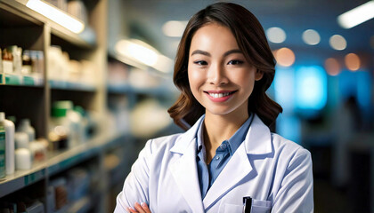 Fototapeta premium A korean women pharmacist portrait, healthcare professional, bright smile, pharmacy store