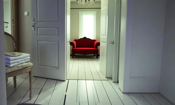 Couloir menant de la chambre au boudoir avec un divan rouge, ambiance &eacute;l&eacute;gante, cosy et intime