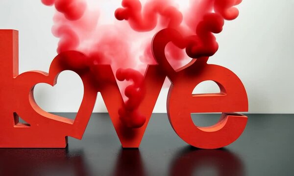 Sculpture en bois rouge formant le mot "LOVE" avec un c&oelig;ur &agrave; la place du O, entour&eacute;e de fum&eacute;e rouge sur fond blanc pour la Saint-Valentin