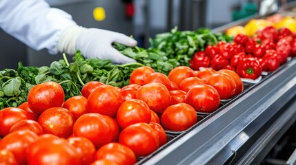 Fresh tomatoes and greens on a conveyor belt in a food processing facility.