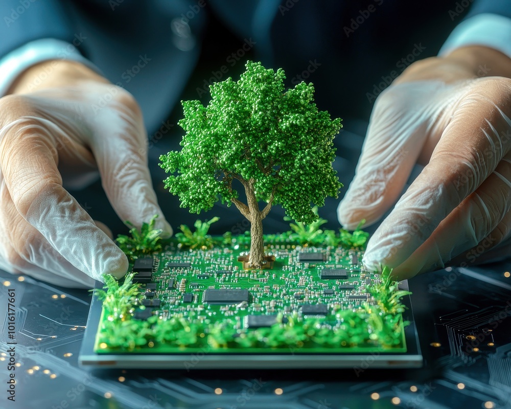 Poster hands in gloves placing a miniature tree on a circuit board, symbolizing the fusion of nature and te