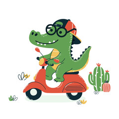 A cartoon crocodile wearing glasses and a cap rides a red scooter.