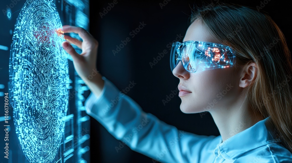Poster woman using augmented reality glasses, interacting with a digital interface in a futuristic setting.