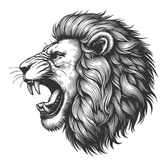 Obraz premium Fierce Lion Head Roaring tattoo growling sketch engraving generative ai raster illustration. Scratch board imitation. Black and white image.
