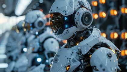 Fototapeta premium Robots performing complex tasks in industrial settings, modern and efficient, Urban, Cool tones, Photograph, Technological advancement