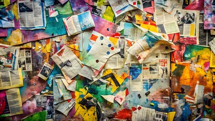 Fototapeta premium Abstract Backdrop with Newspaper and Magazine Collage: Colorful Grunge Background Featuring Graffiti Art