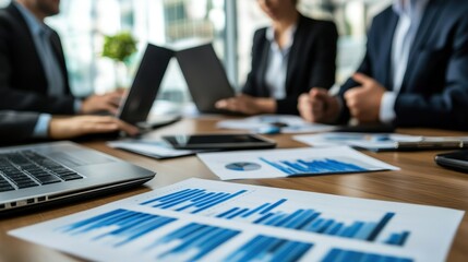 A group of business professionals collaborates over reports and laptops in a modern office setting